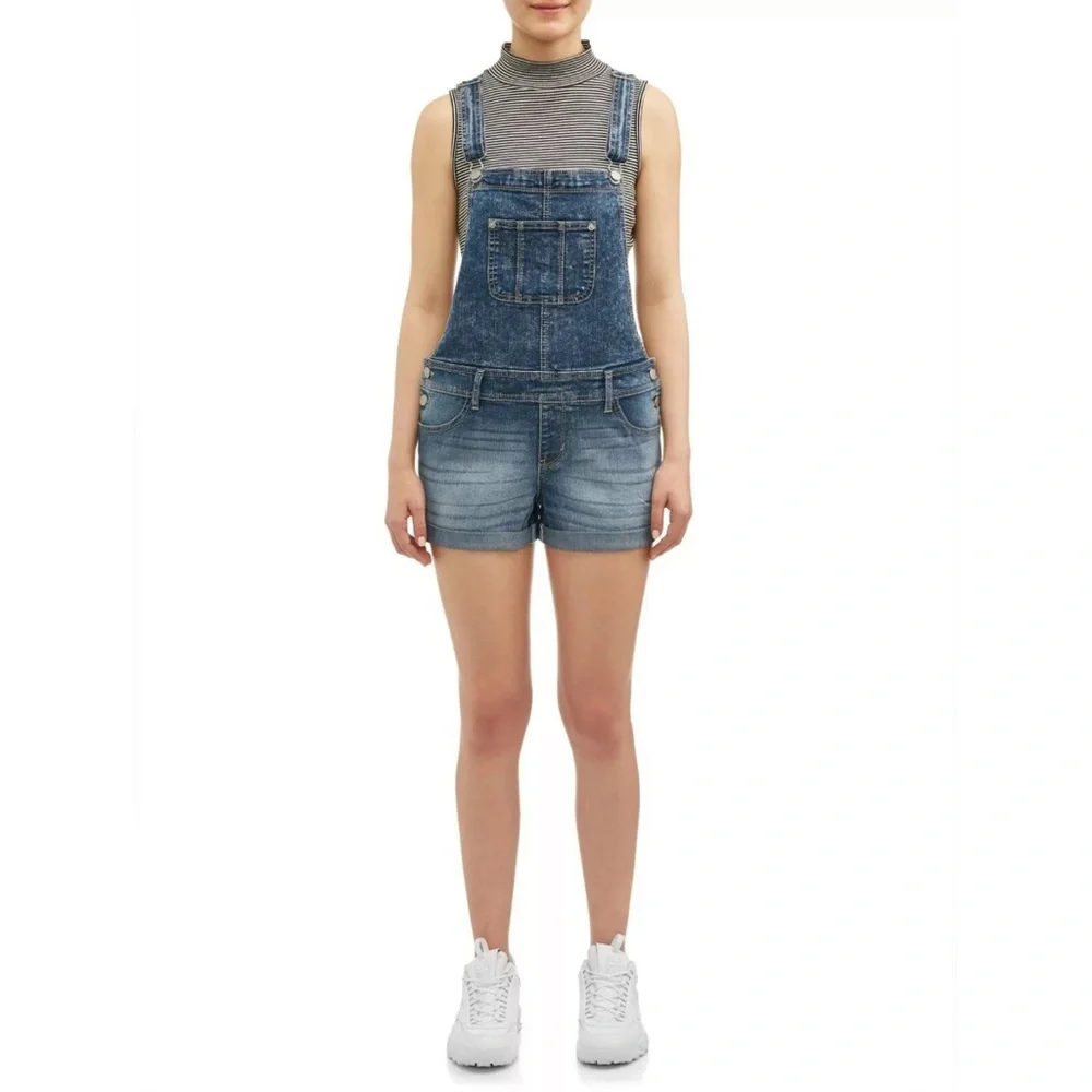 No Boundaries Denim Shortalls Cuffed Overalls Relax Fit - Picture 1 of 12